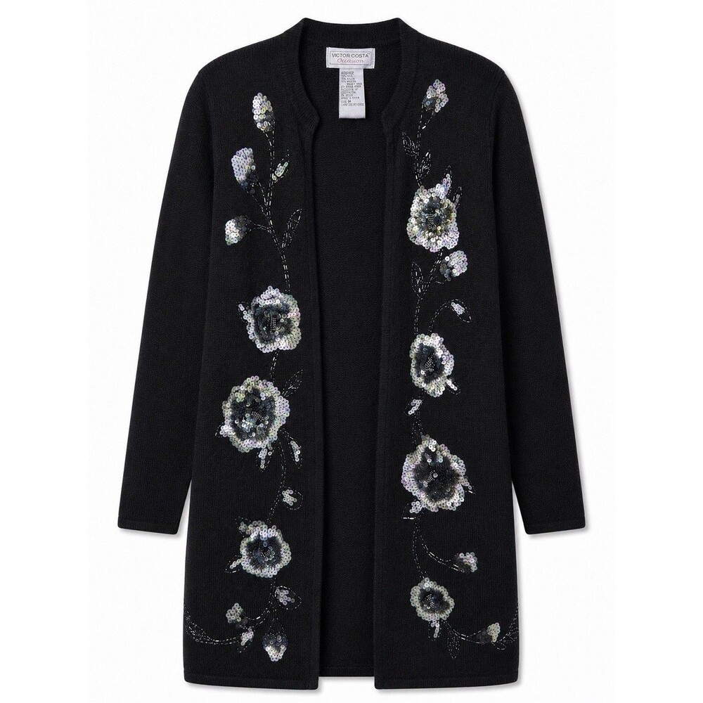 Victor Costa Cardigan Sweater Women's Medium Black Beaded Floral Open Front